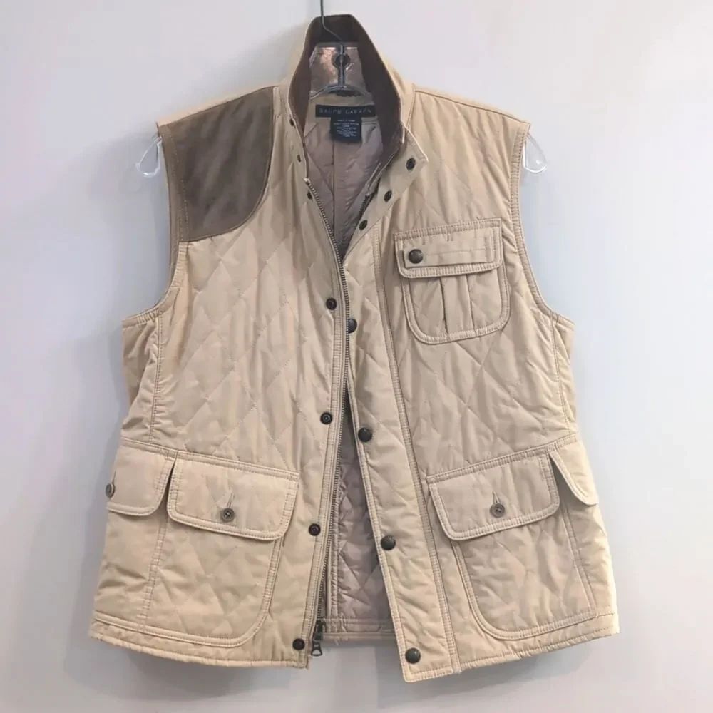 Ralph Lauren Tan Quilted Vest Corduroy Suede Patch Snap Button Sz L